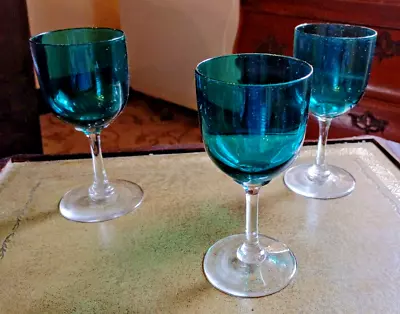 Buy Set Of 3 Antique Victorian Bristol Green Wine Glasses (1880s) • 38£