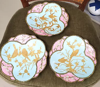 Buy Minton? Pottery 3 Plates 1800? Pink Blue Gold Painting Birds Dishes • 852.75£