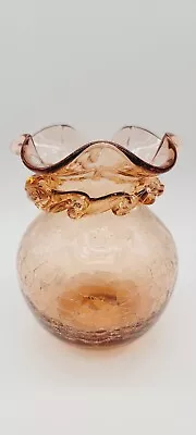 Buy Vintage Pilgrim Blenko Apricot Crackle Glass Ruffled Top Vase • 26.52£