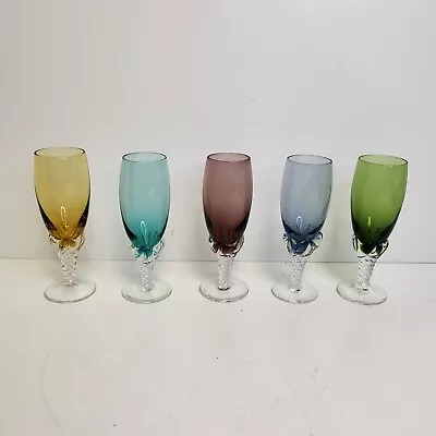 Buy Five Vintage Multicoloured Glasses With Twist Stems Hand Blown Art Glass • 19.95£