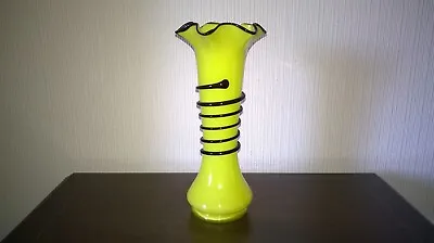 Buy Czech Bohemian Yellow Tango Glass Vase Applied Blue Swirl • 39.95£