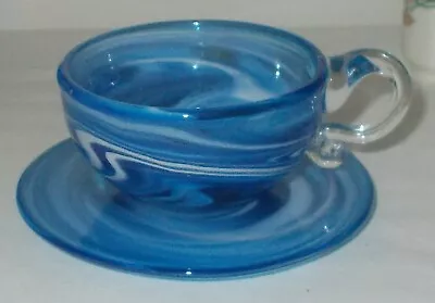 Buy Valletta Art Glass Cup & Saucer Blue Marbled • 14.99£
