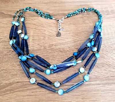 Buy Vintage Impressive Blue Glass Multi Strand Bead Boho Necklace Signed Mint • 18.99£