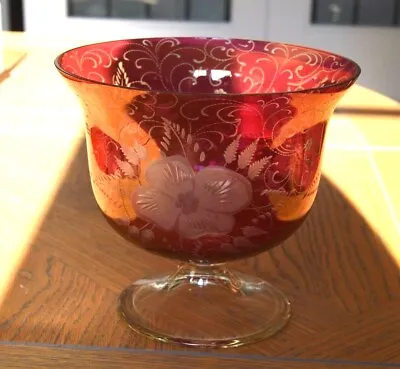 Buy Edwardian Style Bohemian Cranberry Glass Fine Etched Pedestal Bowl • 38£