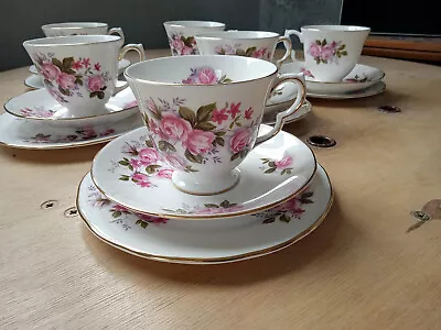 Buy Queen Anne China Tea Set Pink Roses 6 Trios Cup Saucer Plate • 25£