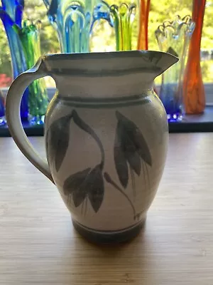 Buy Vintage | Small Studio Pottery Jug | Blue Grey With Abstract Floral Pattern  • 12.50£