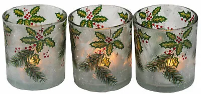Buy Christmas Holly Berry Glass Votive Tealight Candle Holders (Set Of 3) • 13.99£