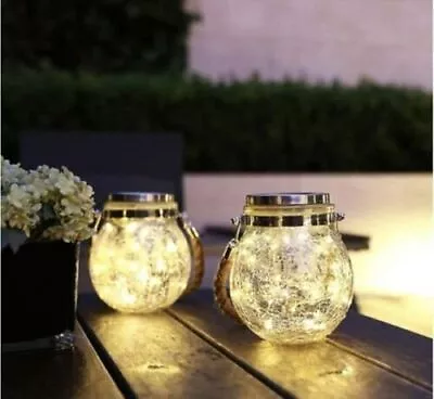 Buy 2x Solar Garden Lanterns Hanging Crackle Ball Glass Jars Firefly Effect Outdoor • 15.99£