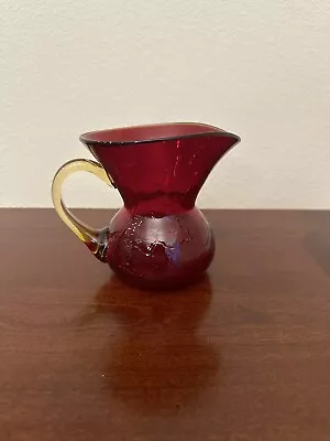 Buy Vintage Blenko Red Crackle Glass Pitcher Vase Yellow Handle • 33.75£