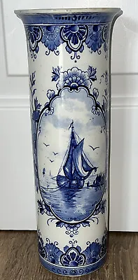 Buy Chinese Blue & White Vintage Oriental Fishing Scene Floral Sleeve Cylinder Vase • 44.99£