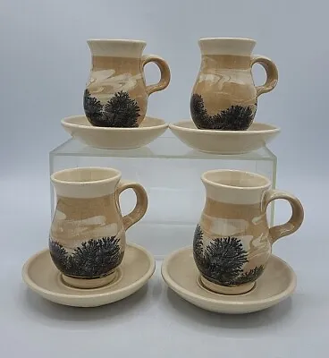 Buy 4 X Boscastle Pottery Coffee Cup & Saucer Set Roger Irving Brown Trees • 19.99£