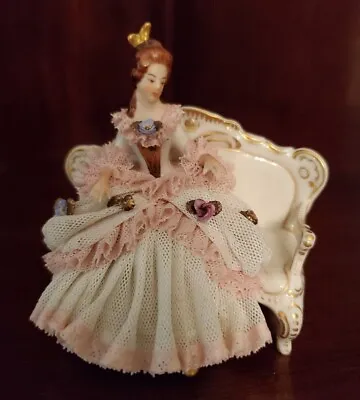 Buy Vintage Franz Wittwer Dresden Porcelain Lace Figurine Woman Sitting On Sofa • 212.28£