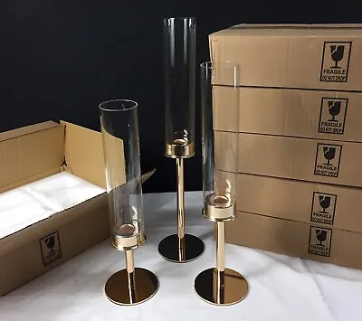 Buy Set Of 3 Gold Candlestick Holder Tall Hurricane Taper Glass Cover Candle Holders • 27.36£