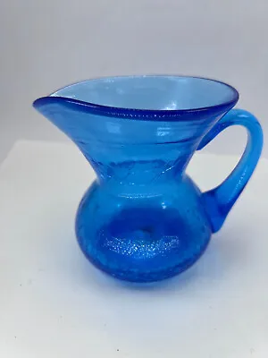 Buy Vintage Cobalt Blue Crackle Glass Pitcher Applied Handle 4 X 5   Hand Blown • 14.16£