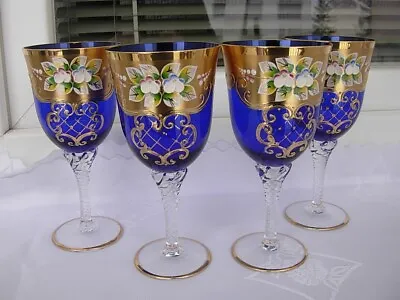 Buy 4 COBALT BLUE  BOHEMIAN  Czech Glass  WINE GOBLETS • 72£