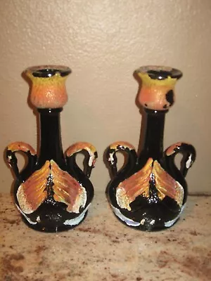 Buy Vintage Pair Fenton Black Amethyst Carnival Glass Swan Candlestick Candle Holder • 37.94£