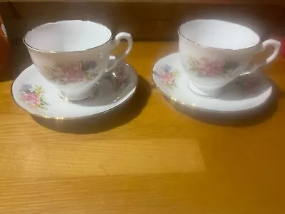 Buy Vintage Crown Bone China X2  Floral Footed Teacups And Saucers • 5.99£