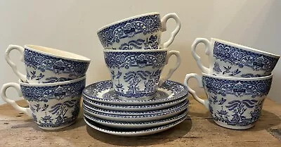 Buy Vintage Set Of 6 Willow Design Blue English Ironstone Tableware Cups & Saucers • 22£