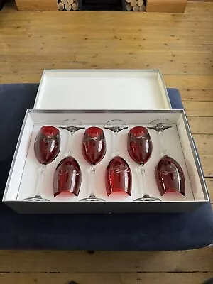 Buy La Reine ITALY 6 X Cranberry Red Crystal Wine Glasses.  Boxed Unused W/stickers • 45£