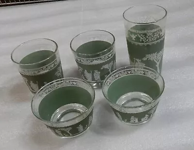 Buy 5 Vintage Hellenic Green Glass Glasses Jeannette Tumbler Sherbet Old Fashioned • 9.49£
