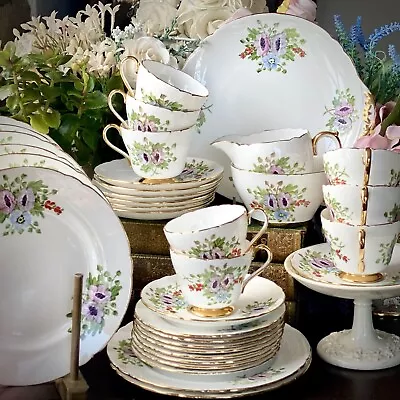 Buy SHELLEY Tea Cup Set 8 Person 35pc Hand Painted Mid Century English - Excellent • 50£