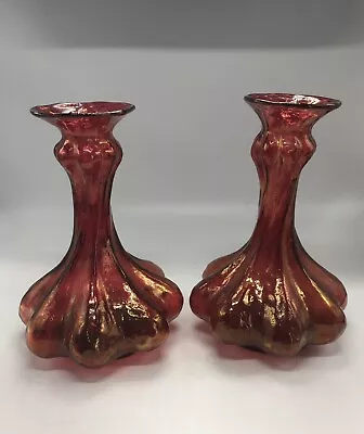 Buy 2 Vintage Red & Gold Amberina Art Glass MCM Twisted Candle Holders, 6x8” • 26.52£