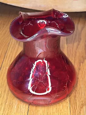 Buy Vintage Red Crackle Glass Ruffle Mid Century Modern Vase • 17.05£