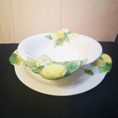 Buy Vintage Italian Majolica Large Salad Bowl & Plate With Hand Painted Lemon Decor • 26.99£