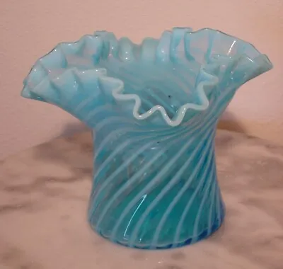 Buy Vintage Fenton Blue Swirl Opalescent Square Crimped Top Violet Vase • 49.79£