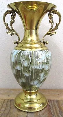 Buy Mid Century Modern Delftware Brass Vase Urn Double Handles 9.5  Tall EUC Patina • 22.87£