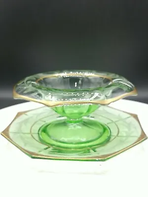 Buy Depression Green Etched Glass Pedestal Mayo Bowl & Plate Gold Gild Rolled Rim  • 43.22£