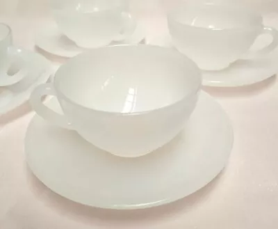 Buy 8pc Vintage Arcopal France White Opaque Milk Glass  Cup & Saucer  • 20£