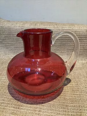 Buy Antique Victorian? Cranberry Glass Jug Pitcher Clear Handle Polished Pontil Mark • 17.95£