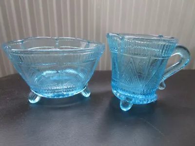 Buy Sowerby Art Deco 1930s Blue Vintage Pressed Glass Footed Bowl & Creamer/ Jug Set • 12.99£