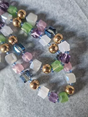 Buy Cubed Crystal Glass Vintage Bead Necklace Sparkly Mauve Green Pink Gold Effect • 9.50£