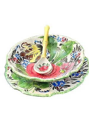 Buy Majolica Large Bowl, Matching Platter,Spoon Hand Painted Italy Multicolor Floral • 27.42£