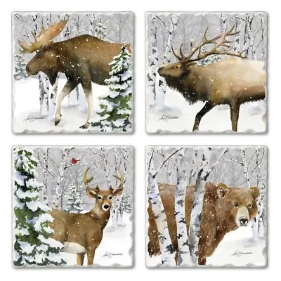Buy Highland Winter Woodland Wonder Elk Moose Bear Deer Stoneware Coasters Set Of 4 • 19.29£