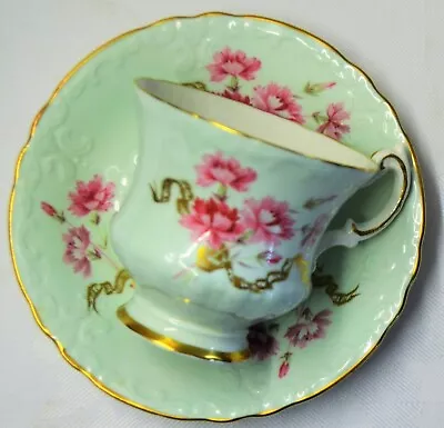 Buy Paragon Tea Cup & Saucer Mint Green Gold Ribbon Pink Carnation Duo • 22£