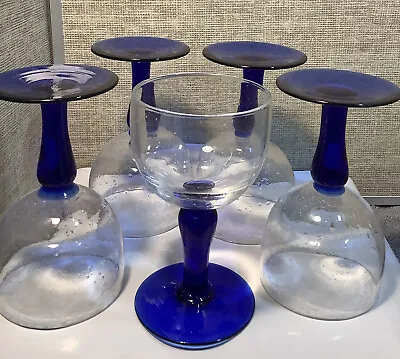 Buy Mexican Hand Blown Wine Glass / Water Goblet ~ Cobalt Blue Stem- Set Of 5 • 52.23£
