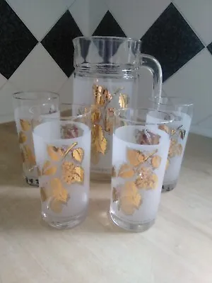 Buy Vintage Glass Jug & Tumblers Set Large Pitcher & 4 Glasses Gold Leaf Frosted • 15£
