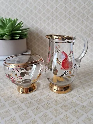 Buy Vintage Romanian Glassware Milk Jug Sugar Bowl Gold Gilded Hand Painted Floral  • 15£