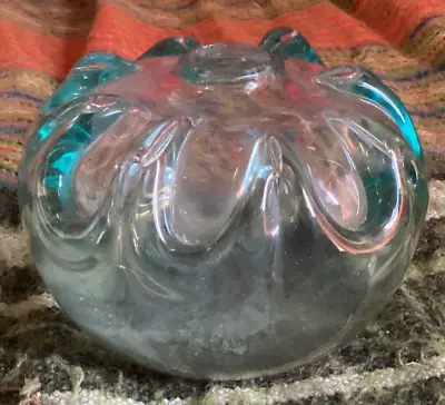 Buy Lt. Blue Glass-Richard Harkness-Handblown Vase-Round W/Decoration-Signed-5 X3.5  • 60.42£