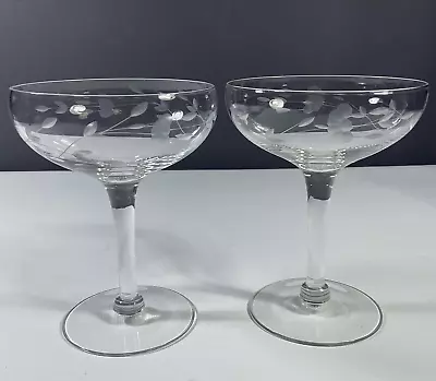 Buy Vintage Champagne Coupe Glasses Floral Etched Pattern 1930's-40's Set Of 2 • 43.22£