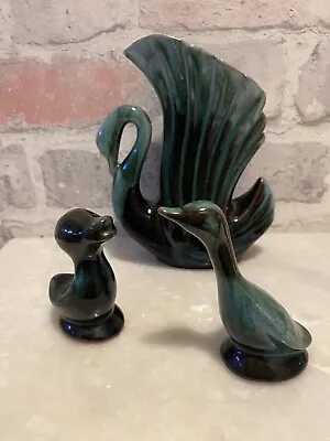 Buy Canadian Vintage Pottery Three Bird Bundle Swan Duck Ornament Green Blue Glaze • 35£