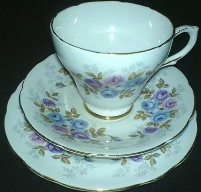 Buy SUTHERLAND SUT58 Bone China Cup Saucer Plate Trio Set Blue Purple Pink Roses  • 9.99£