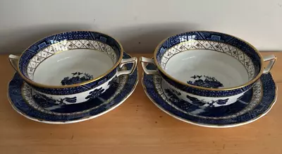 Buy 2 Booths Real Old Willow  Round Gilded Soup Cup/Bowls & Saucers A8025 Excel Cond • 25£