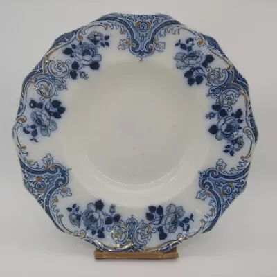 Buy Antique W. H. Grindley Soup Bowl Merion Flow Blue White Embossed Gold Gilding. M • 23.67£