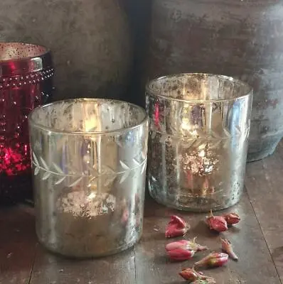 Buy Antique Silver Leaf Etched Glass Tea Light Candle Holder, Rustic Lighting, 7x7cm • 6£