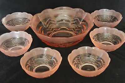 Buy Art Deco Pink Glass 7 Piece Fruit Set By Sowerby • 16.99£