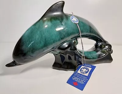 Buy Blue Mountain Pottery TEAL GREEN BLACK DRIP GLAZE Wave Jumping Dolphin  • 14.99£